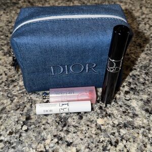 NEW Dior Beauty Denim Makeup Bag- includes Mascara, Base Mascara, and lip glow